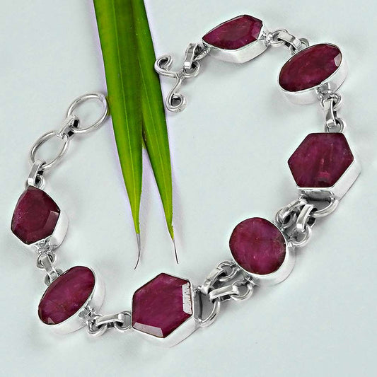 Natural Ruby Gemstone Chain Ethnic Pink Bracelet 925 Sterling Silver Jewelry H8