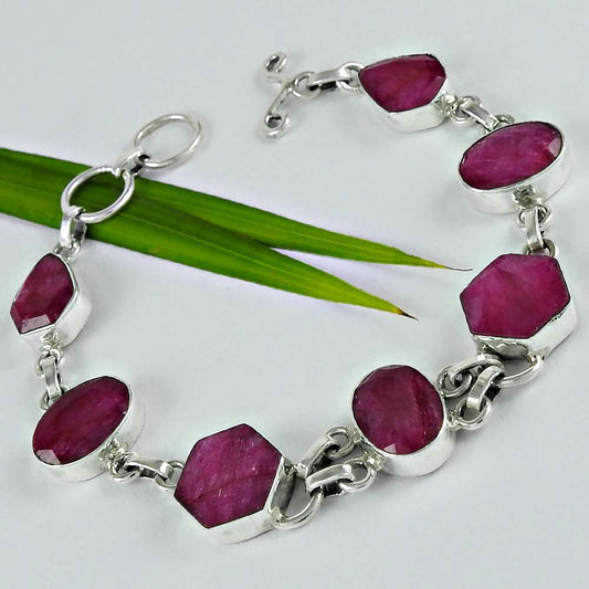 Birthday Gift 925 Silver Natural Ruby Gemstone Chain Tribal Bracelet W7