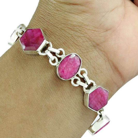 Gift For Her 925 Sterling Silver Natural Ruby Gemstone Chain Boho Bracelet I8