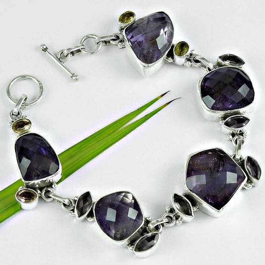 Birthday Gift Natural Amethyst Chain Bohemian Bracelet 925 Silver G9