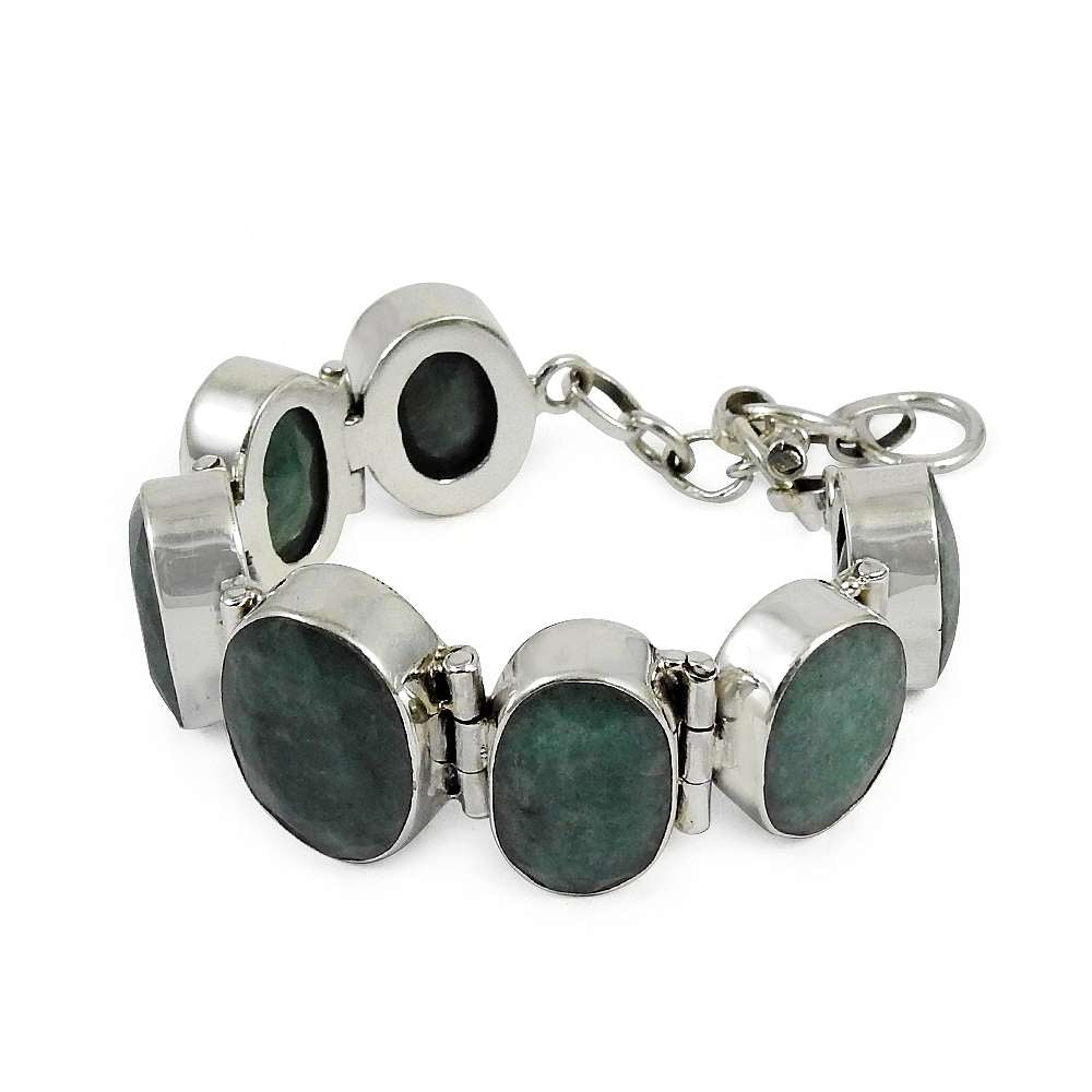 Birthday Gift Natural Emerald Gemstone Chain Bracelet 925 Silver A9