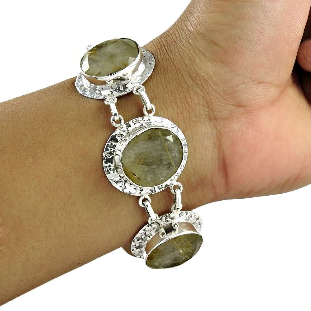 Natural Golden Rutile Gemstone Chain Tribal Bracelet 925 Silver For Girls E8