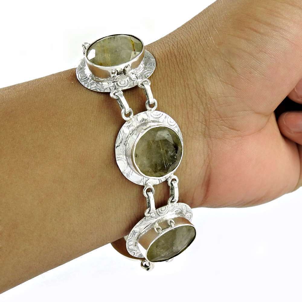 Birthday Gift 925 Silver Natural Golden Rutile Gemstone Chain Boho Bracelet B9