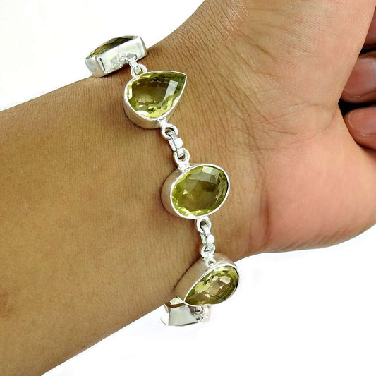 Birthday Gift Natural Lemon Quartz Chain Bohemian Bracelet 925 Silver F8