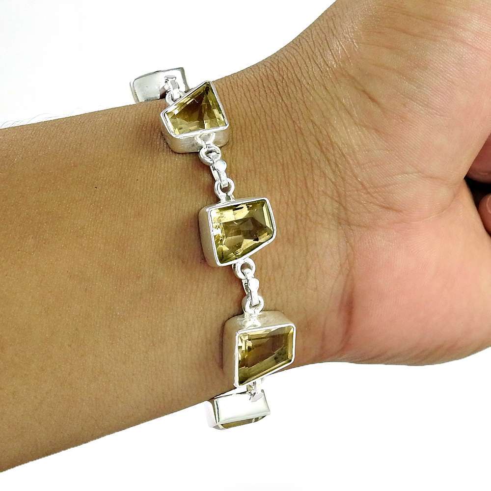 Natural Citrine Gemstone Chain Boho Bracelet 925 Sterling Silver Jewelry D9