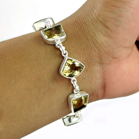 Natural Citrine Gemstone Chain Yellow Bracelet 925 Sterling Silver Jewelry E9