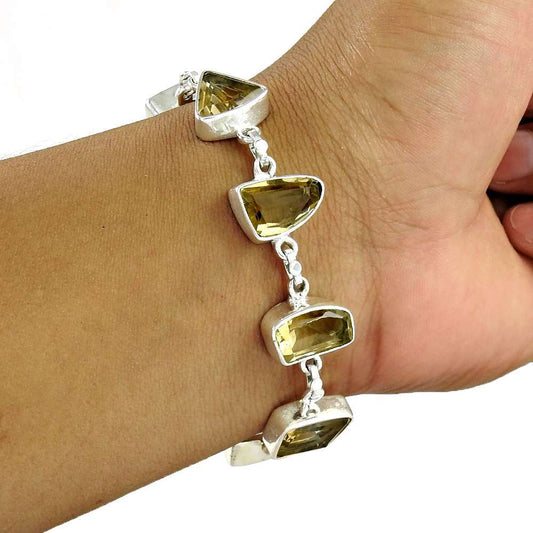 Natural Citrine Gemstone Chain Ethnic Yellow Bracelet 925 Sterling Silver G8