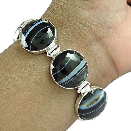 Natural Striped Onyx Gemstone Chain Bracelet 925 Sterling Silver For Women G9