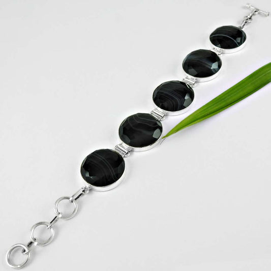 Natural Striped Onyx Gemstone 925 Sterling Silver Chain Bracelet For Women H9