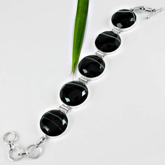 Lustrous 925 Sterling Silver Striped Onyx Gemstone Bracelet Handmade Jewelry A16