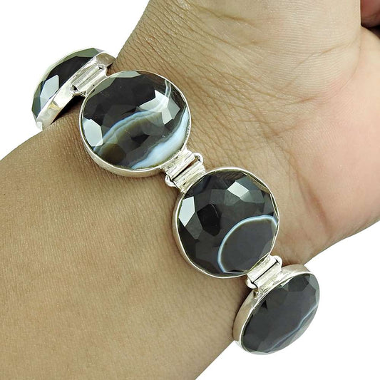 Natural Striped Onyx Gemstone Chain Bracelet 925 Sterling Silver For Women M9