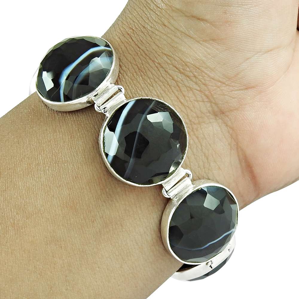 Birthday Gift 925 Silver Natural Striped Onyx Gemstone Chain Tribal Bracelet I8