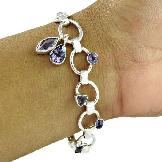 Gift Jewellery Natural Amethyst Gemstone Chain Bracelet 925 Sterling Silver H10