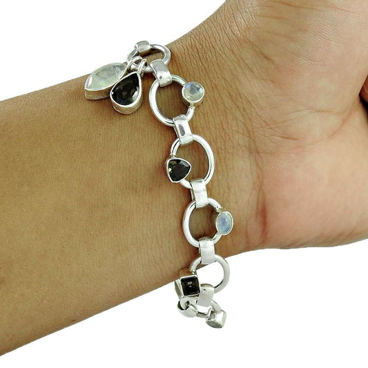 Gift For Her Natural Smoky Quartz Chain Tribal Bracelet 925 Silver K10