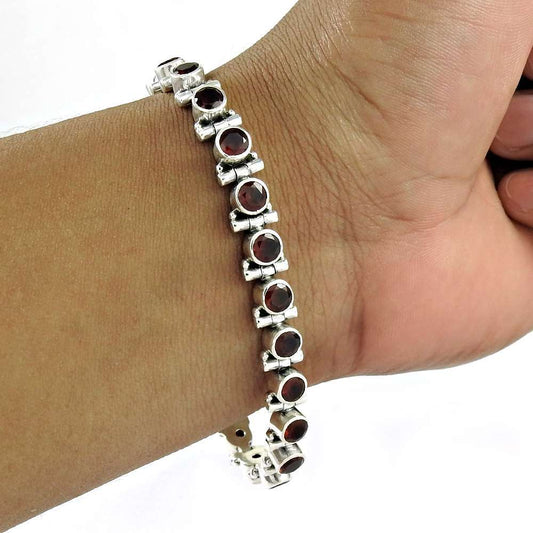 Birthday Gift Natural Garnet Chain Vintage Bracelet 925 Silver X8