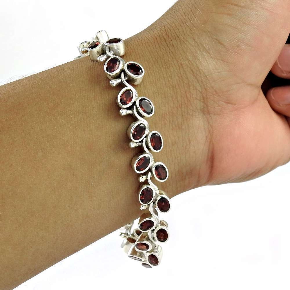 Birthday Gift Natural Garnet Gemstone Chain Bracelet 925 Silver C10