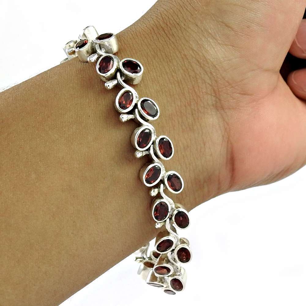 Natural Garnet Gemstone Chain Ethnic Bracelet 925 Sterling Silver For Girls Y8