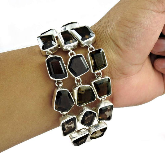 Natural Smoky Quartz Gemstone Chain Bracelet 925 Sterling Silver R1