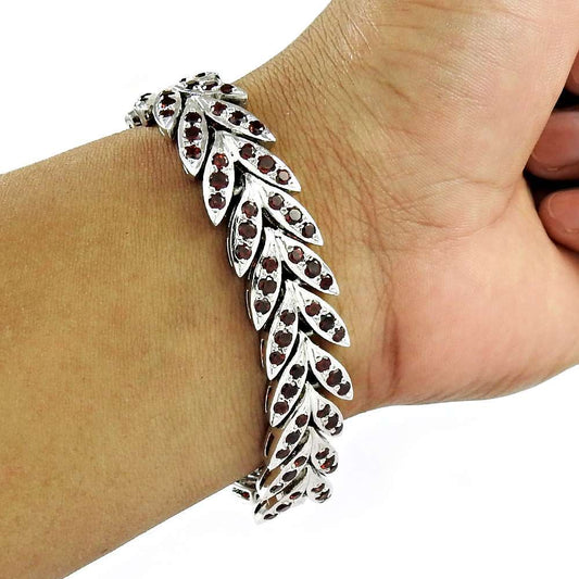 Natural Garnet Gemstone Chain Tribal Bracelet 925 Sterling Silver For Girls D9