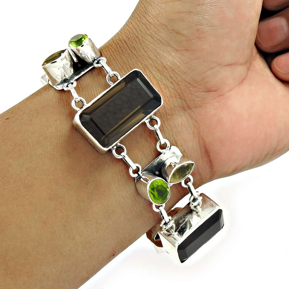 Christmas Gift 925 Silver Natural Smoky Quartz Gemstone Chain Bracelet M3