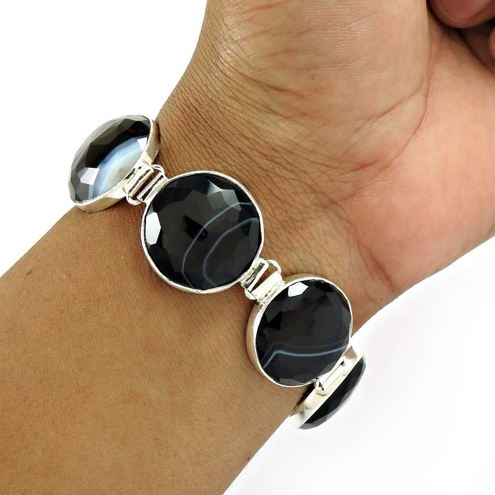 Christmas Gift Natural Striped Onyx Chain Bohemian Bracelet 925 Silver T3