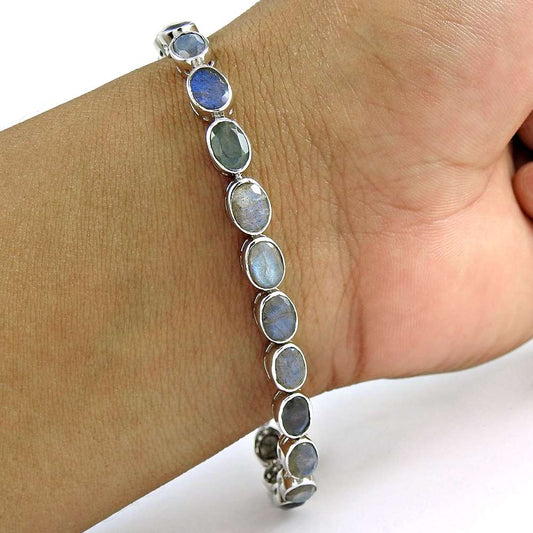 Semi Precious 925 Sterling Silver Labradorite Gemstone Bracelet