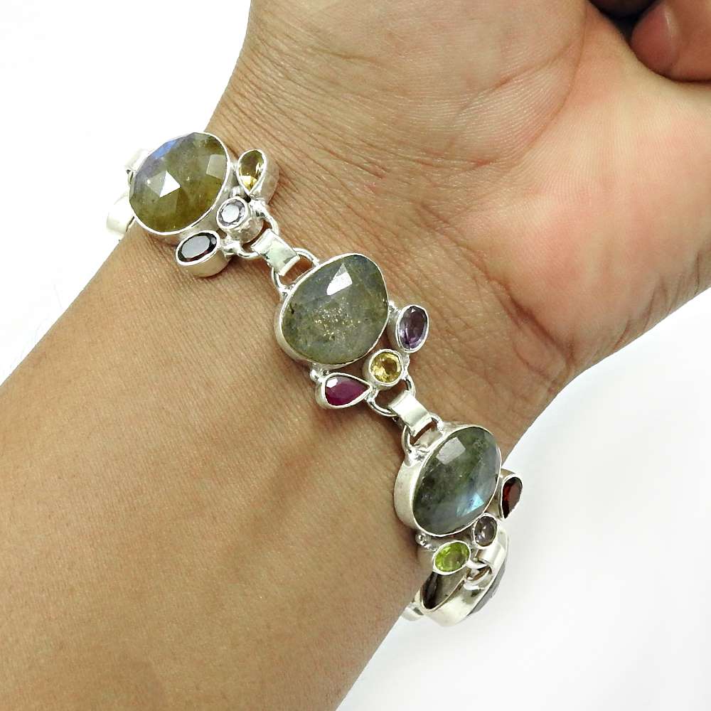 Labradorite Ruby Peridot Citrine Garnet Amethyst Gemstone Bracelet 925 Sterling Silver Jewelry C3