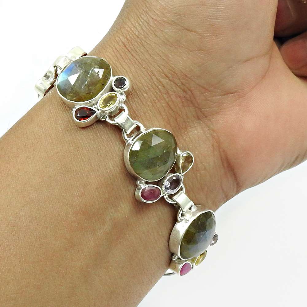 Labradorite Ruby Peridot Citrine Garnet Amethyst Gemstone Bracelet 925 Sterling Silver Tribal Jewelry D3