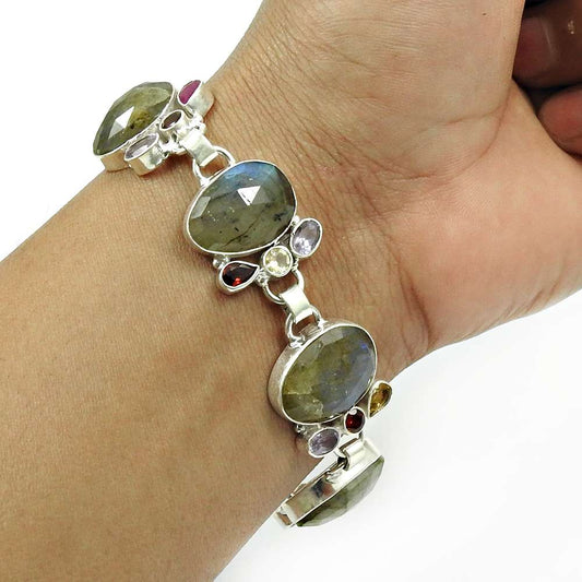 Labradorite Ruby Peridot Citrine Garnet Amethyst Gemstone Bracelet 925 Sterling Silver Indian Jewelry F3