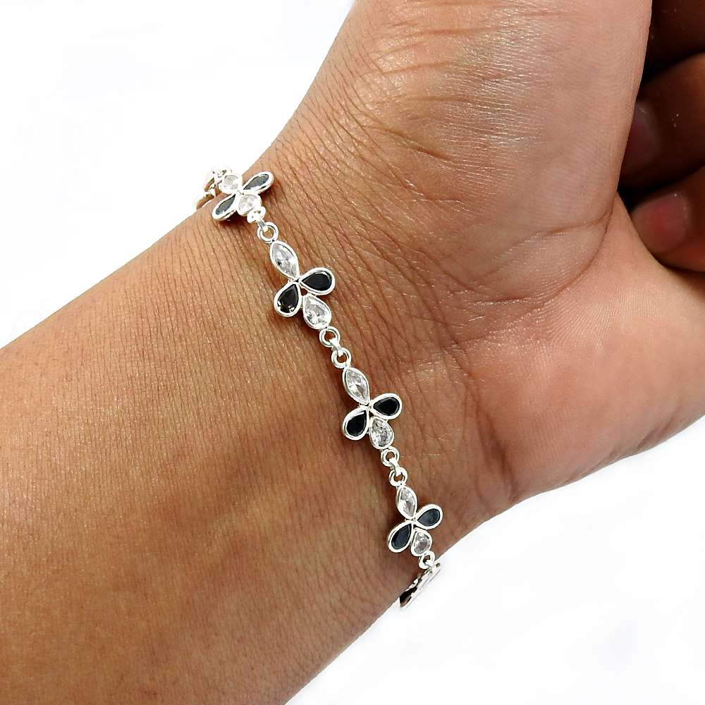 Pear Shape Black Cz White Gemstone Jewelry 925 Sterling Silver Bracelet B2