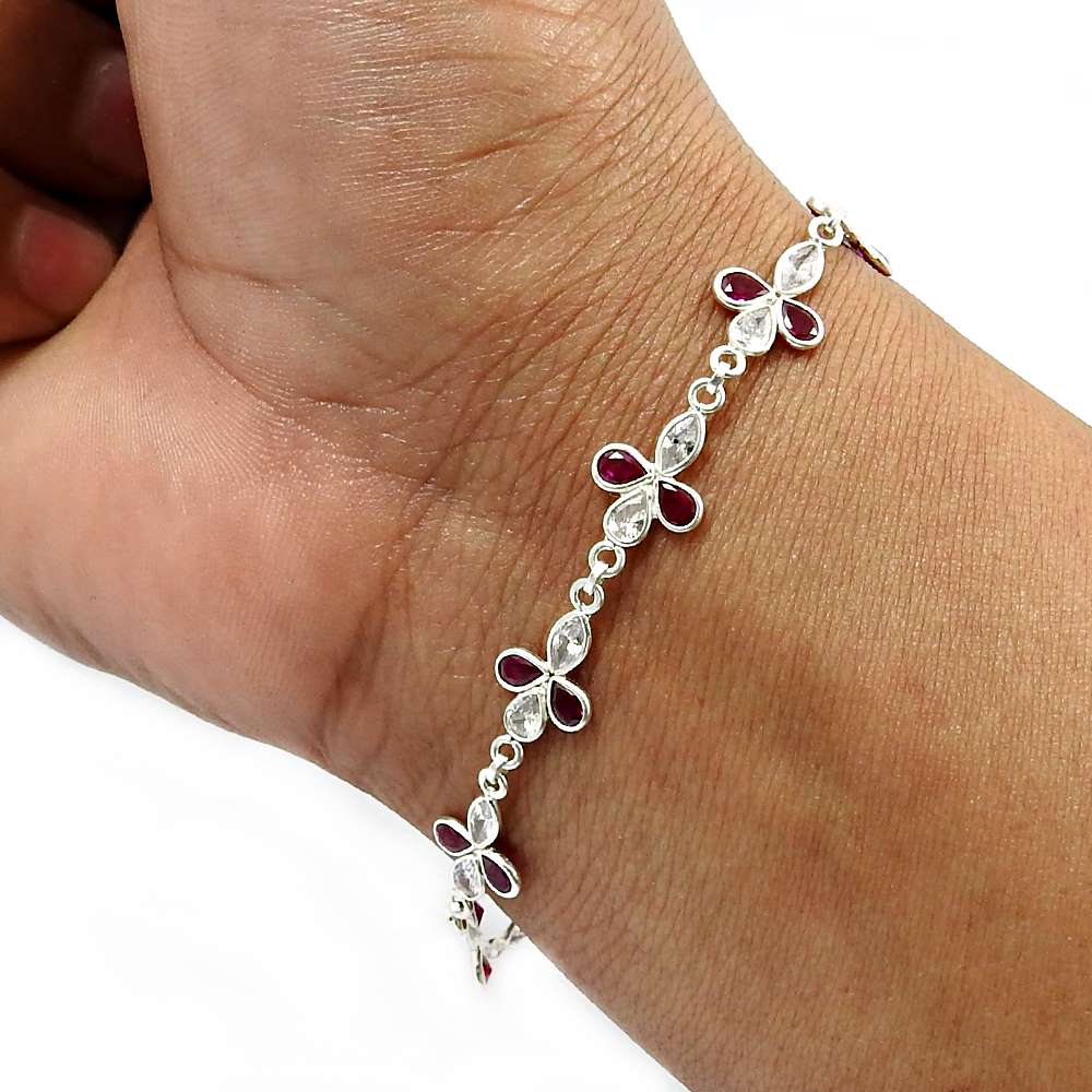 Pear Shape Ruby Cz White Gemstone Jewelry 925 Solid Sterling Silver Bracelet M2