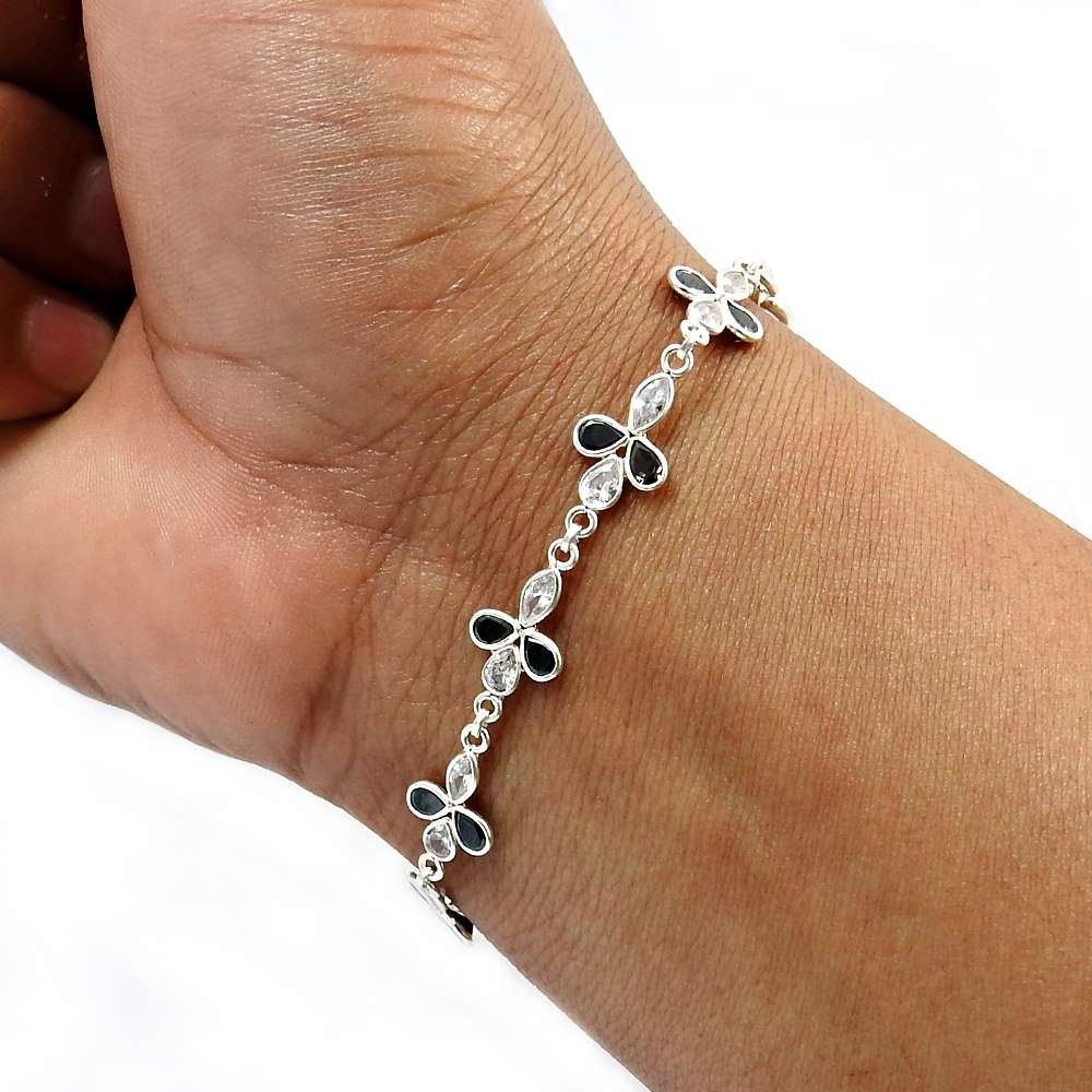 Pear Shape Black Cz White Gemstone Jewelry 925 Solid Sterling Silver Bracelet C2