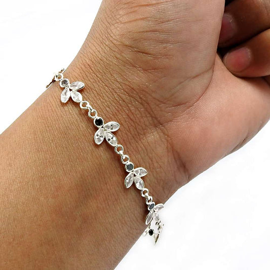 Marqoise Shape White Cz Black Gemstone Jewelry 925 Sterling Silver Bracelet R3