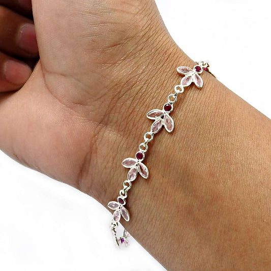 925 Sterling Silver Jewelry Marqoise Shape Pink Cz Ruby Gemstone Bracelet K3