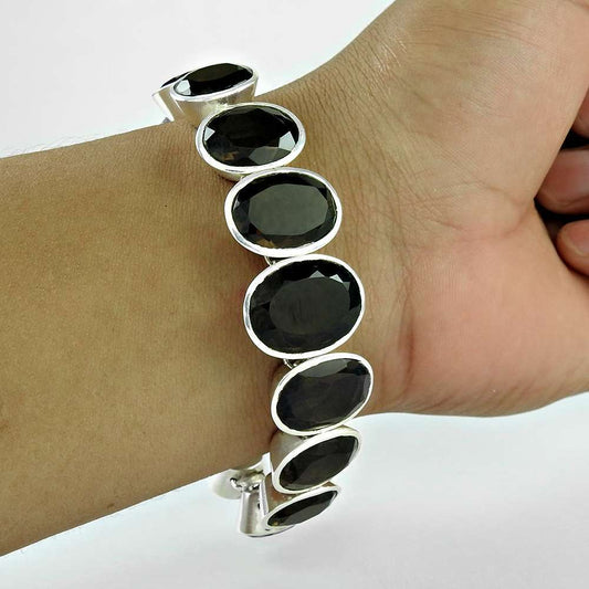 Natural Smoky Quartz Gemstone Chain Boho Bracelet 925 Silver For Women U9