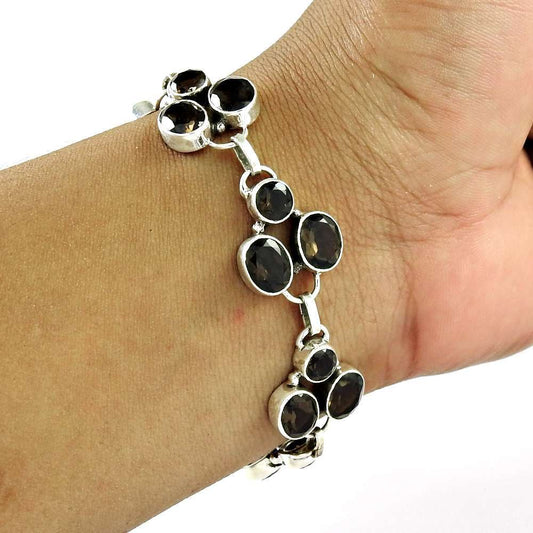 Birthday Gift For Her Natural Smoky Quartz Chain Tribal Bracelet 925 Silver R38