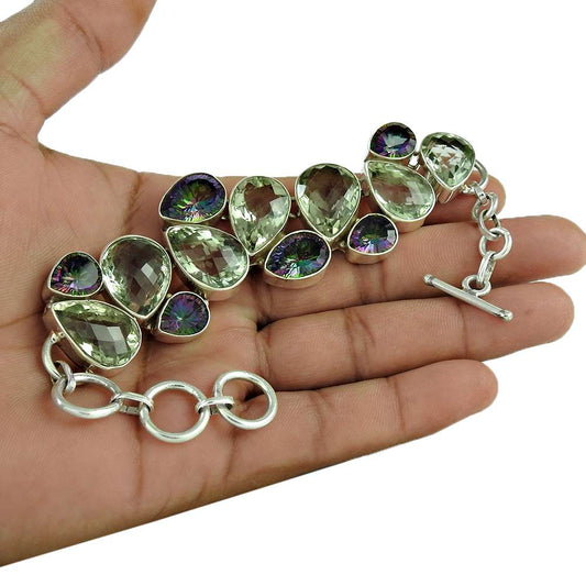 Natural Green Amethyst Gemstone Chain Ethnic Bracelet 925 Sterling Silver X9