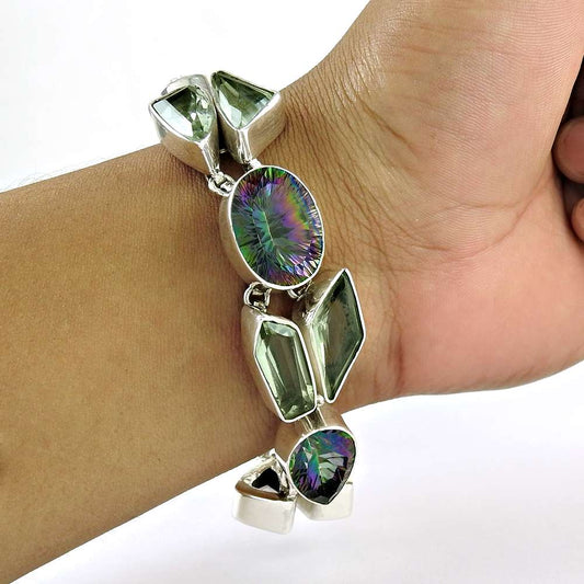 Birthday Gift Natural Green Amethyst Chain Boho Bracelet 925 Silver M10