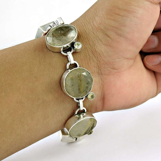 Gift For Women Chain Bohemian Bracelet 925 Silver Natural Golden Rutile U10