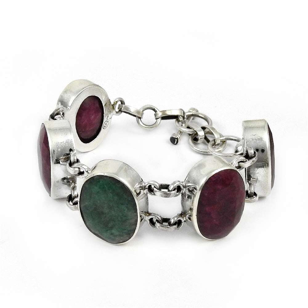 Natural Emerald Gemstone Chain Bohemian Bracelet 925 Sterling Silver B11