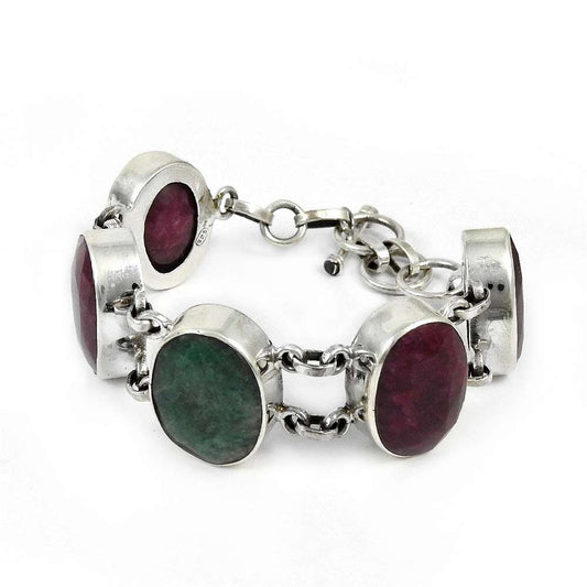 Natural Emerald Gemstone Chain Bohemian Bracelet 925 Sterling Silver B11