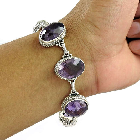 Natural Amethyst Gemstone 925 Sterling Silver Chain Bracelet For Girls C11
