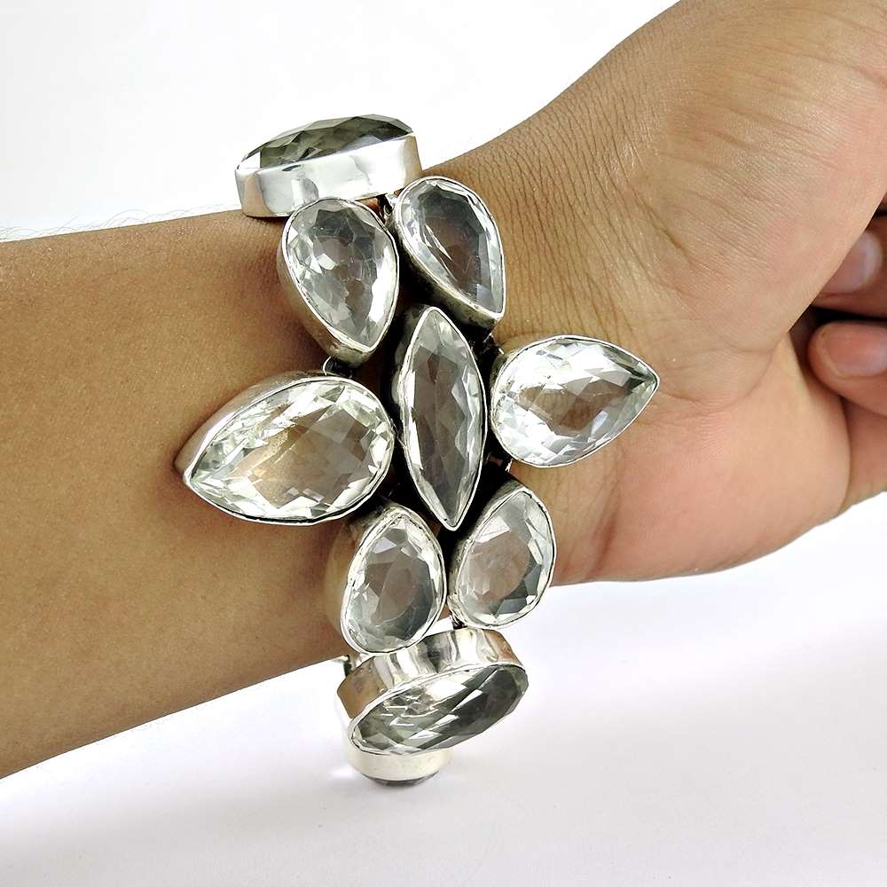 Natural Crystal Gemstone Chain Bracelet 925 Sterling Silver Indian Jewelry D11