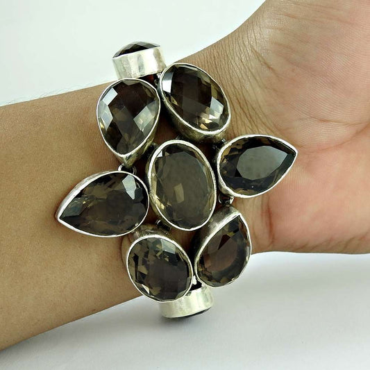 Birthday Gift Natural Smoky Quartz Chain Vintage Bracelet 925 Silver V10