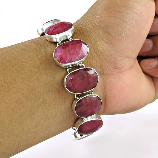 Gift For Her 925 Sterling Silver Natural Ruby Gemstone Chain Boho Bracelet X10