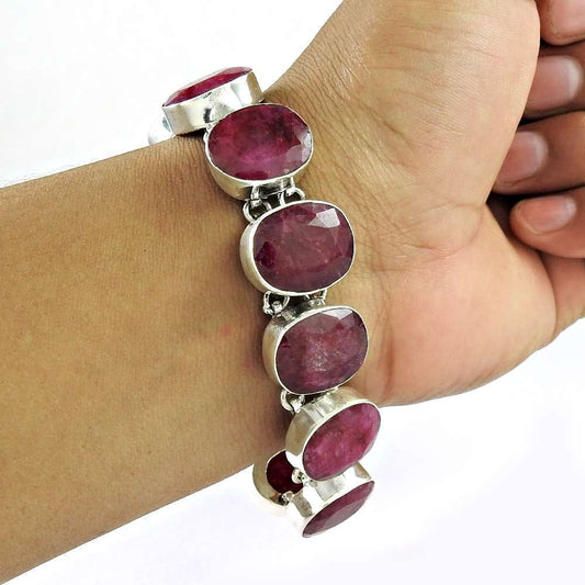 Gift For Women Chain Vintage Bracelet 925 Silver Natural Ruby Gemstone Y10