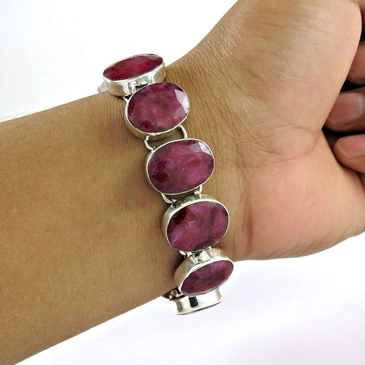 Natural Ruby Gemstone Chain Boho Bracelet 925 Sterling Silver For Girls Z10