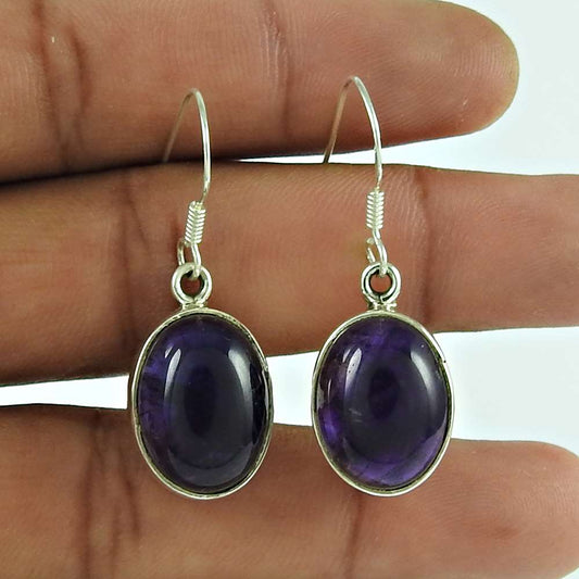 Gift For Her 925 Silver Natural Amethyst Dangle Vintage Earrings A1