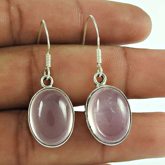 Natural Rose Quartz Gemstone Dangle Tribal Earrings 925 Silver For Girls B1