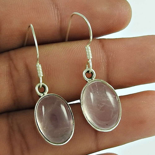 Gift For Her 925 Silver Natural Rose Quartz Dangle Vintage Earrings C1